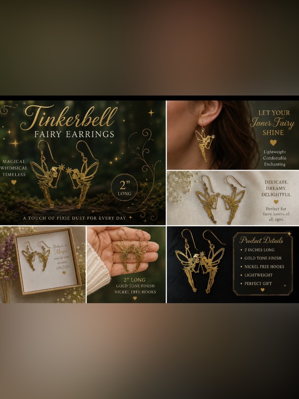 Fairy Romantic Whimsey Magical Timeless Tinkerbell  w her Wand Gold Earrings